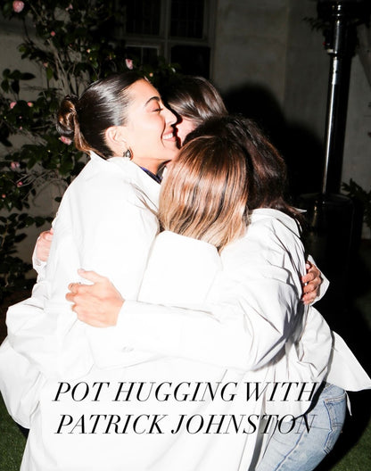 An image capturing a group of people embracing, with text overlay 'POT HUGGING WITH PATRICK JOHNSTON'.